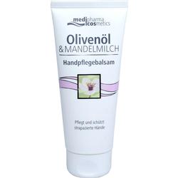 Weiße Tube mit Aufschrift "Olivenöl & Mandelmilch Handpflegebalsam".