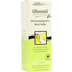 Eine Verpackung für eine Olivenöl-Salbe zur Pflege trockener Haut.