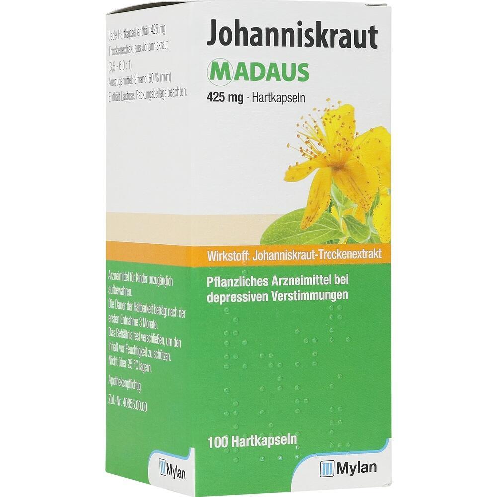 Verpackung von Johanniskraut-Kapseln als pflanzliches Arzneimittel gegen depressive Verstimmungen.